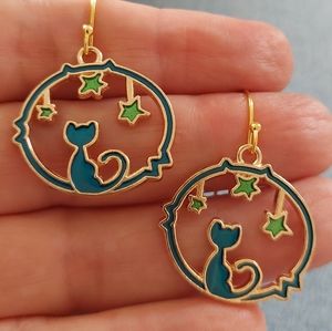 Earrings - Blue enamel kittties on gold tone